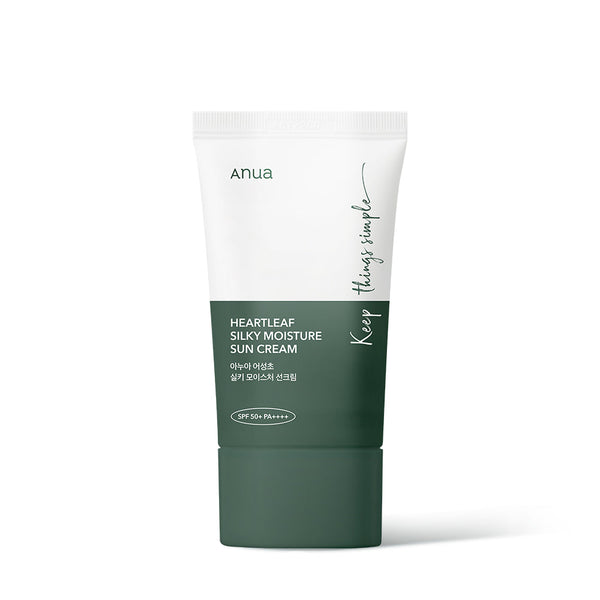 Anua HEARTLEAF SILKY MOISTURE SUNSCREEN 50ml by ProtoClinical displayed in a product-focused sunscreen packshot with branded packaging on a clean background for a k-beauty routine.