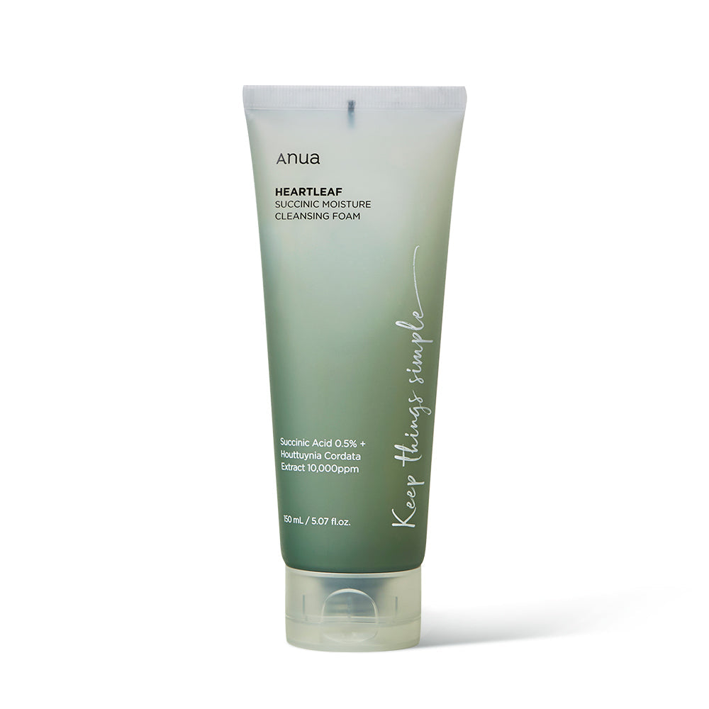 ProtoClinical k-beauty Anua HEARTLEAF SUCCINIC MOISTURE CLEANSING FOAM 150ml single upright green cleansing foam package centered on a light background.