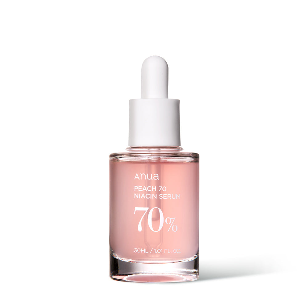 ProtoClinical k-beauty Anua PEACH 70% NIACINAMIDE SERUM 30ml pink glass dropper bottle with a white cap on a plain background
