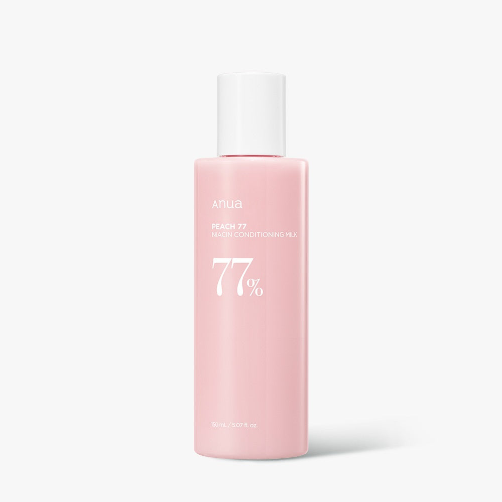 ProtoClinical k-beauty Anua Peach 77 Niacin Conditioning Milk 150ml single upright conditioning milk bottle centered on a white background with pale blue side shading