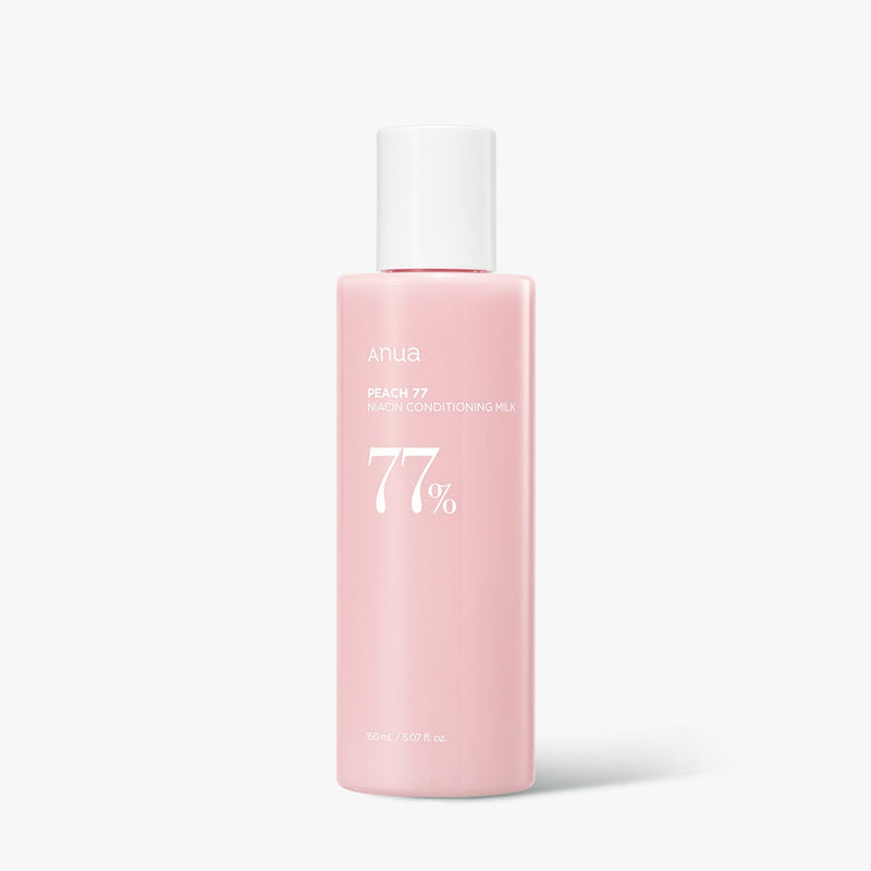 ProtoClinical k-beauty Anua Peach 77 Niacin Conditioning Milk 150ml single upright conditioning milk bottle centered on a white background with pale blue side shading