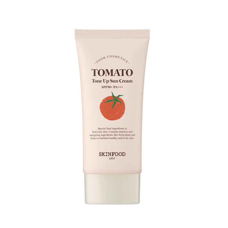 ProtoClinical k-beauty SKINFOOD Tomato Tone Up Sun Cream 50ml single front-facing sun cream tube on a white background.