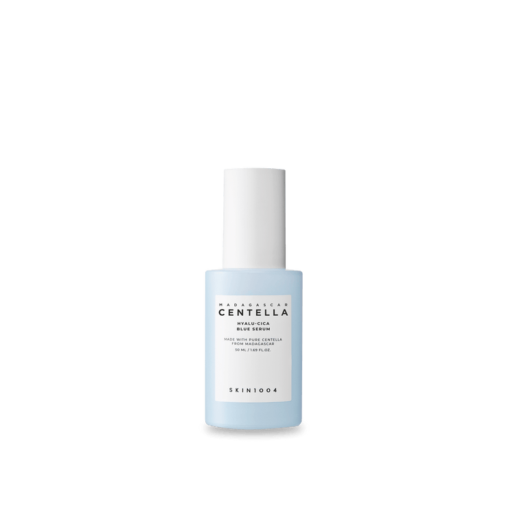ProtoClinical k-beauty SKIN1004 HYALU-CICA BLUE SERUM 50ml in a single centered product packshot with pale blue and gray tones on a light background