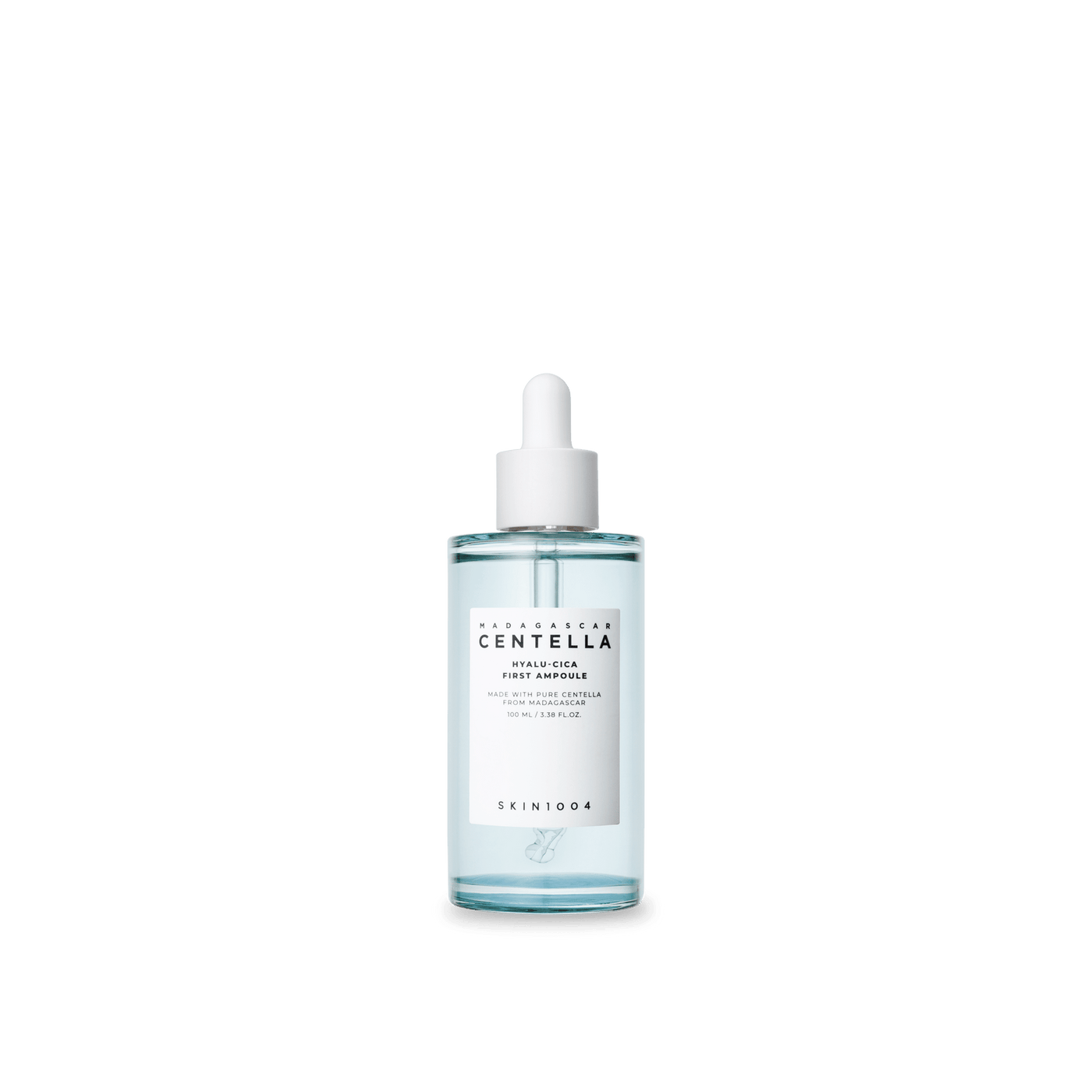 ProtoClinical k-beauty SKIN1004 HYALU-CICA FIRST AMPOULE 100ml in a single centered product packshot with pale blue tones on a light background