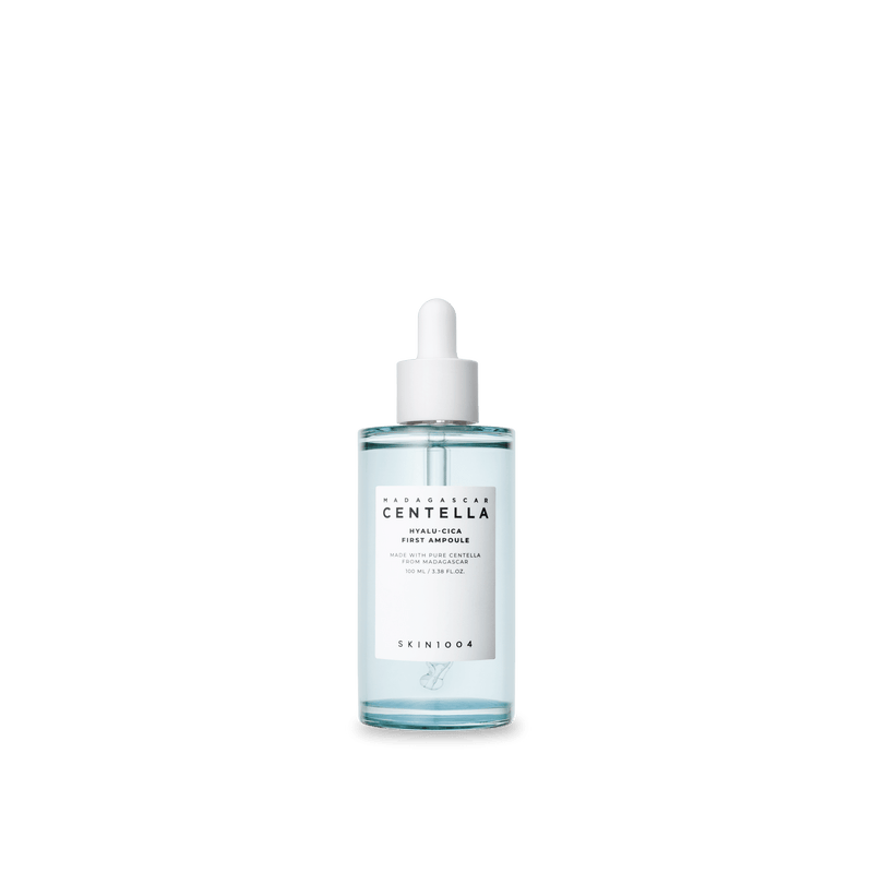 ProtoClinical k-beauty SKIN1004 HYALU-CICA FIRST AMPOULE 100ml in a single centered product packshot with pale blue tones on a light background