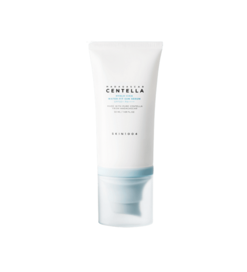 ProtoClinical k-beauty SKIN1004 HYALU-CICA WATER-FIT SUN SERUM SPF50+ PA++++ 50ml single sunscreen serum package in a tall crop on a light background