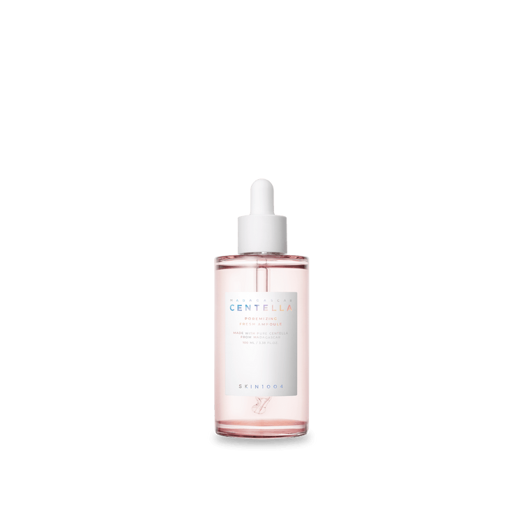 ProtoClinical k-beauty SKIN1004 POREMIZING FRESH AMPOULE 100ml in a single centered product packshot with soft pink tones on a light background