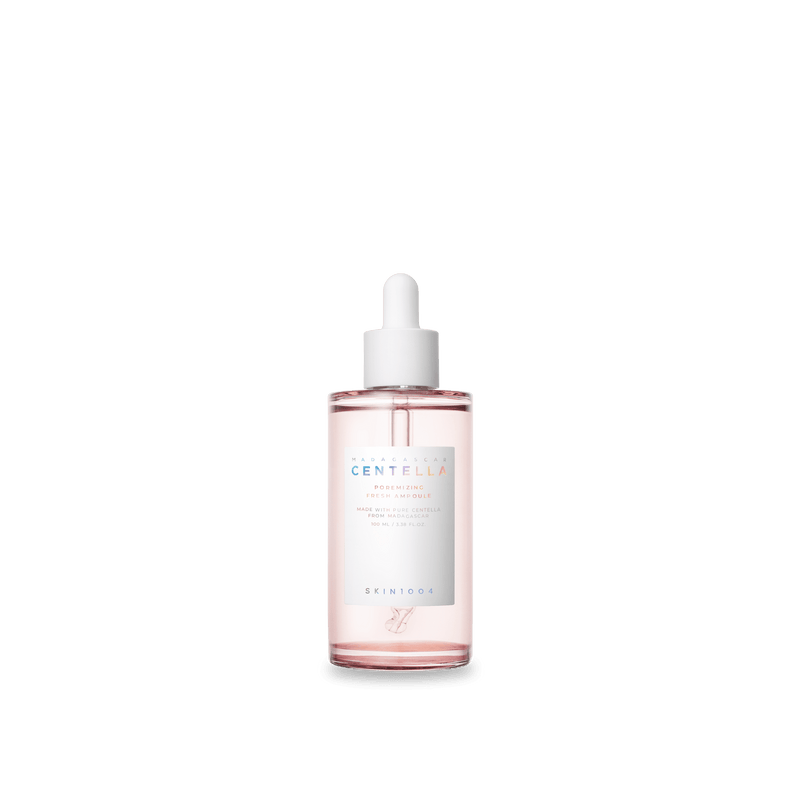 ProtoClinical k-beauty SKIN1004 POREMIZING FRESH AMPOULE 100ml in a single centered product packshot with soft pink tones on a light background