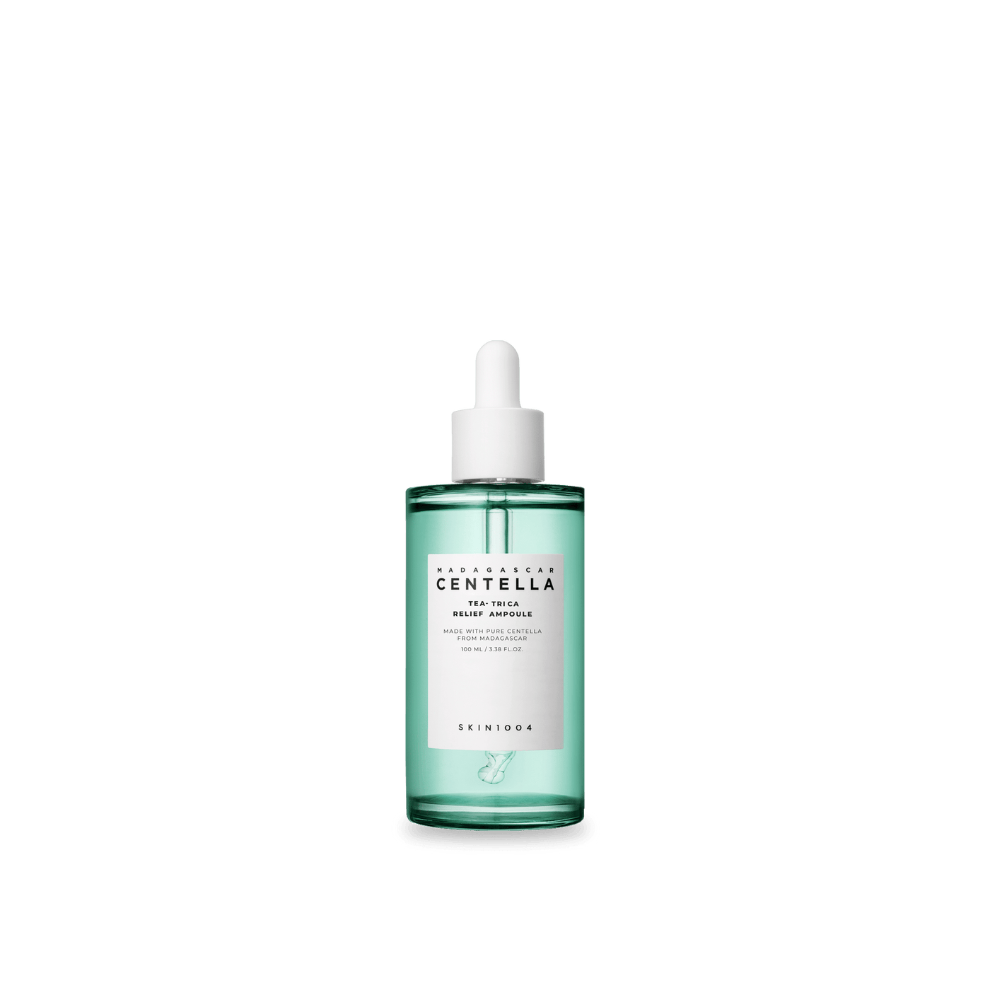 ProtoClinical k-beauty SKIN1004 TEA-TRICA RELIEF AMPOULE 100ml in an upright translucent green dropper bottle with a white cap and centered white label