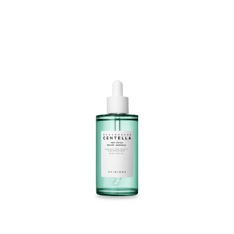 ProtoClinical k-beauty SKIN1004 TEA-TRICA RELIEF AMPOULE 100ml in an upright translucent green dropper bottle with a white cap and centered white label