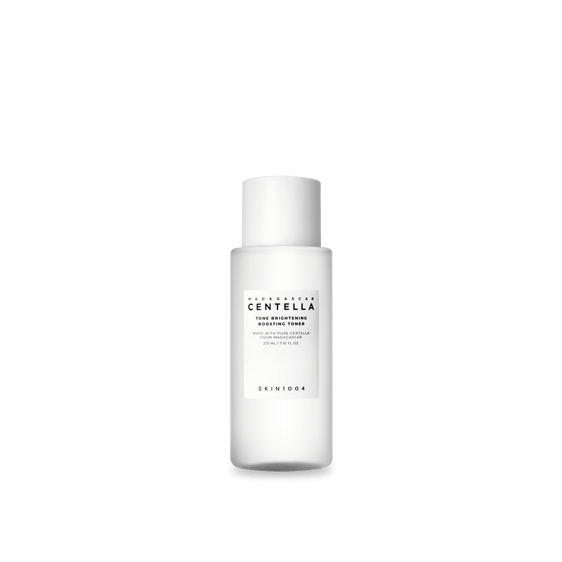 ProtoClinical k-beauty SKIN1004 TONE BRIGHTENING BOOSTING TONER 210ml in an upright milky bottle with a white cap and centered white label