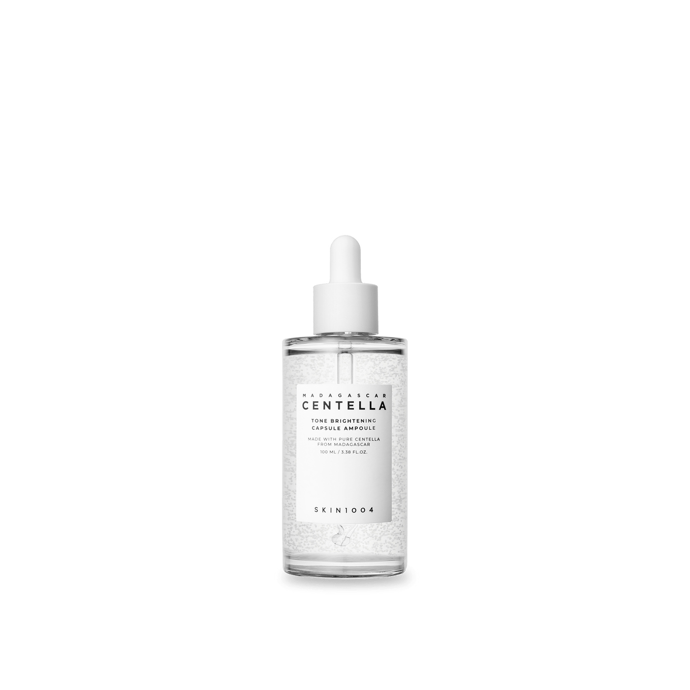 ProtoClinical k-beauty SKIN1004 TONE BRIGHTENING CAPSULE AMPOULE 100ml in an upright clear dropper bottle with a white cap, centered white label, and visible micro-capsules