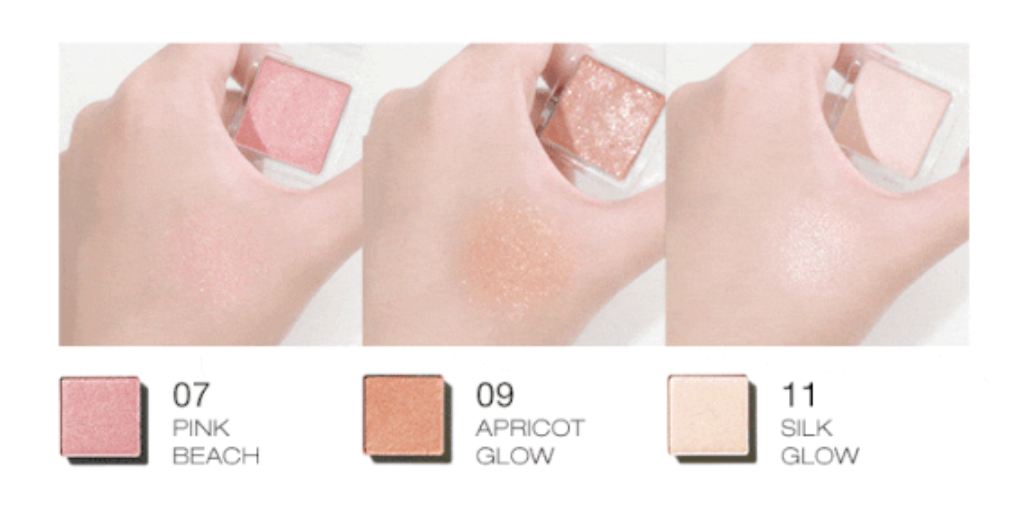 ProtoClinical k-beauty tooq One By Genuine Magnetic Eye Shadow #Glitter shown as three vertical peach-brown shadow swatches on a pale pink and white background