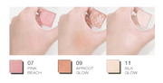 ProtoClinical k-beauty tooq One By Genuine Magnetic Eye Shadow #Glitter shown as three vertical peach-brown shadow swatches on a pale pink and white background