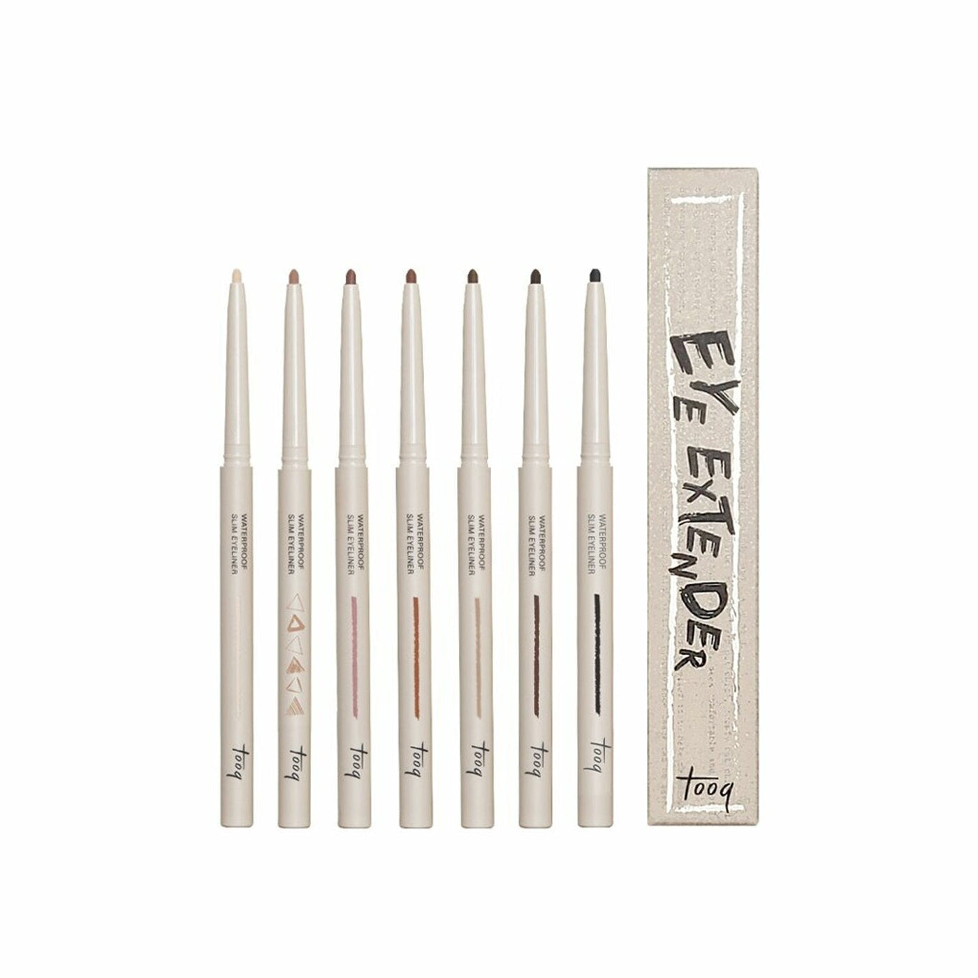 ProtoClinical k-beauty tooq Waterproof Slim Eyeliner 0.12g slim eyeliner packshot with pale triangular shapes on a white background