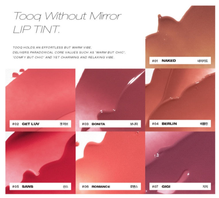ProtoClinical k-beauty tooq Without Mirror Lip Tint 5ml (7 colors) multiple rose lip tint containers side by side on a pale blue and white background.