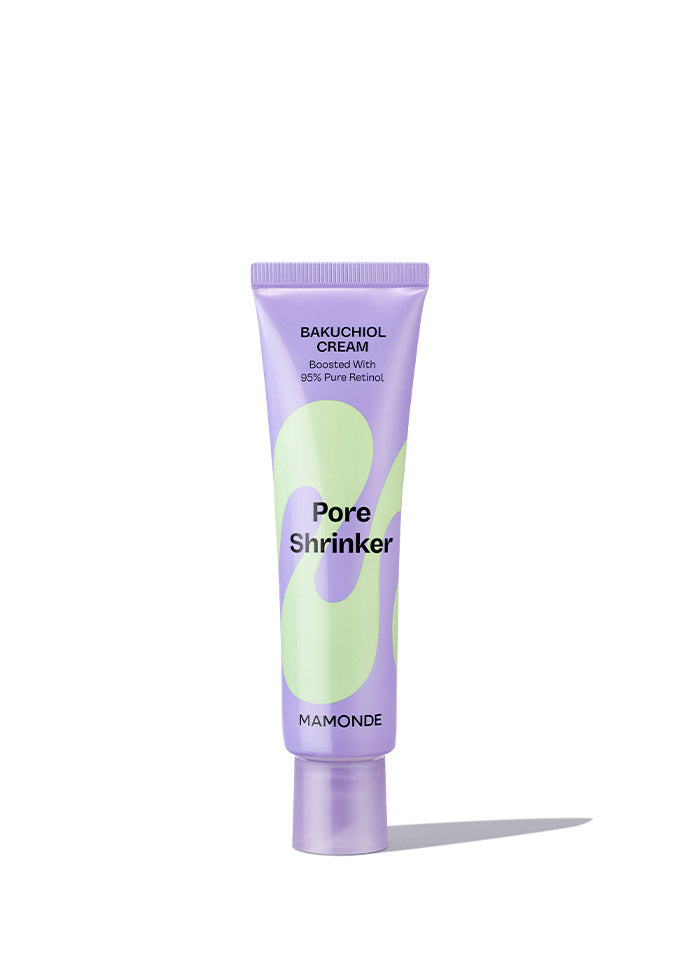 ProtoClinical k-beauty Mamonde Pore Shrinker Bakuchiol Cream 60ml single tall slim pale lavender package standing upright at center on a clean white background