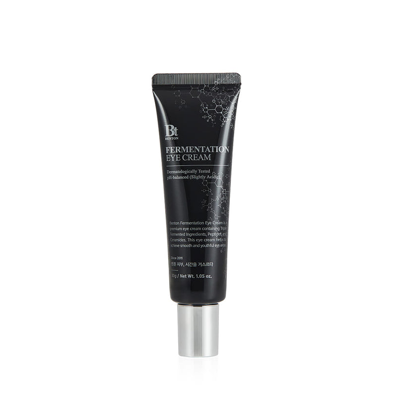 ProtoClinical k-beauty Benton Fermentation Eye Cream 30g single upright dark gray eye cream package centered on a white background with pale blue side shading