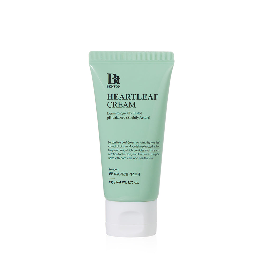 ProtoClinical k-beauty Benton Heartleaf Cream 50g single upright pale green cream package centered on a white background with soft blue and pink side shading