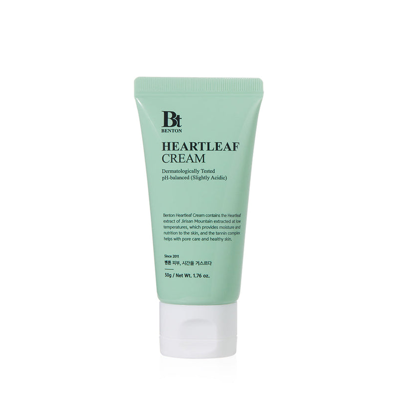 ProtoClinical k-beauty Benton Heartleaf Cream 50g single upright pale green cream package centered on a white background with soft blue and pink side shading