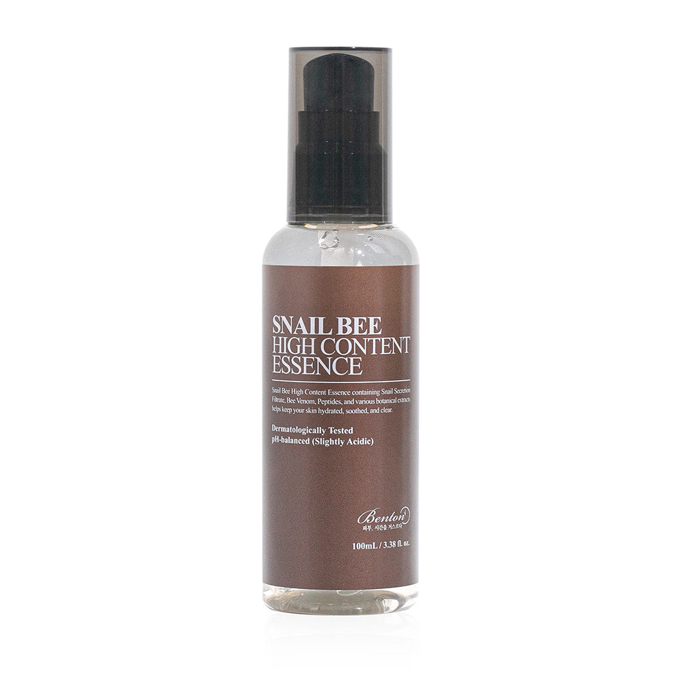 ProtoClinical k-beauty Benton Snail Bee High Content Essence 100ml single upright olive essence bottle centered on a pale background with soft blue and cream side shading