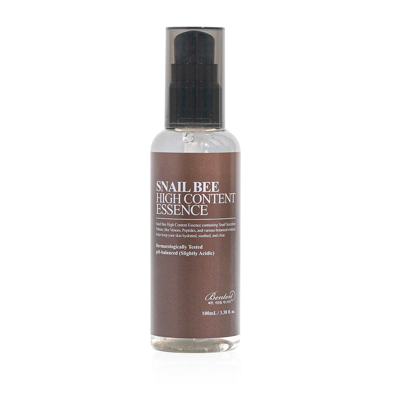 ProtoClinical k-beauty Benton Snail Bee High Content Essence 100ml single upright olive essence bottle centered on a pale background with soft blue and cream side shading
