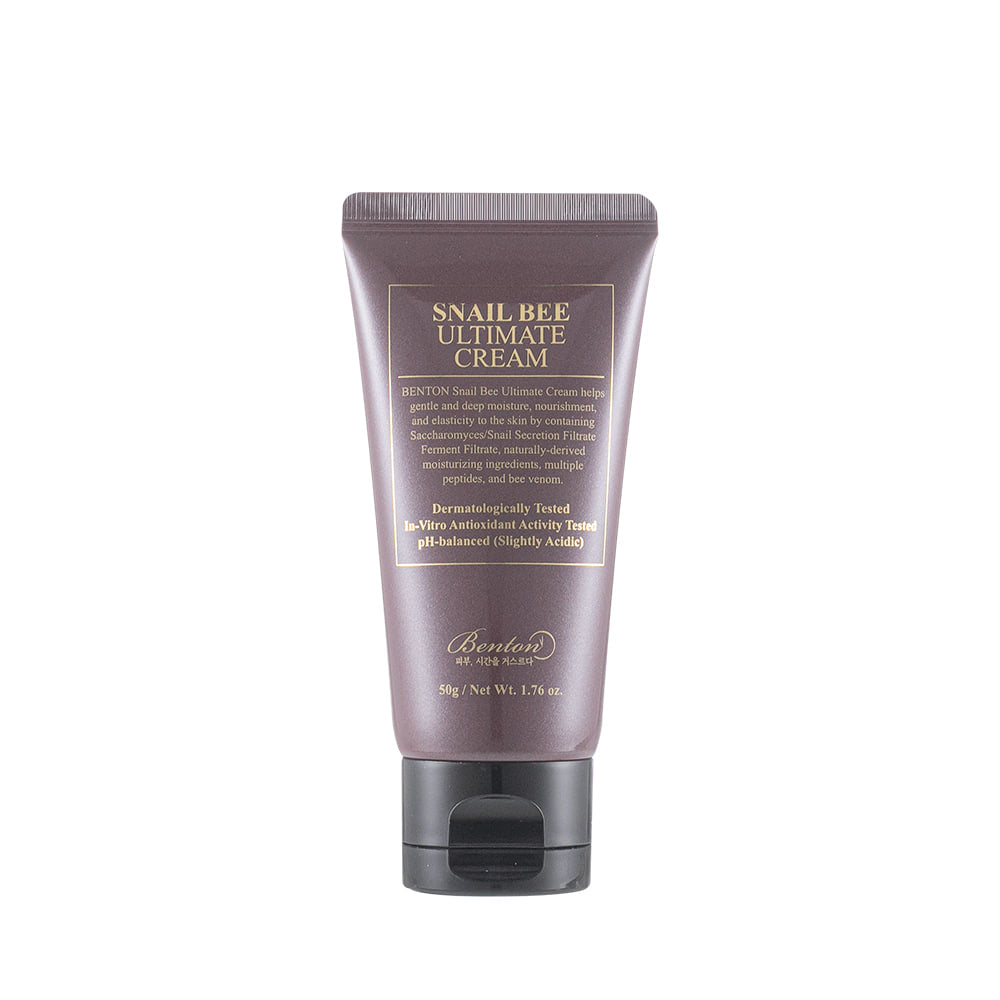 ProtoClinical k-beauty Benton Snail Bee Ultimate Cream 50g single upright deep plum cream package centered on a pale background with soft blue and pink side shading