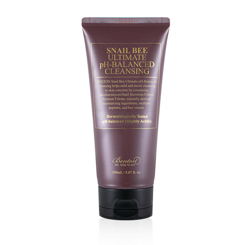 Benton Snail Bee Ultimate pH-Balanced Cleansing 150ml by ProtoClinical shown in cleanser packaging on a clean white background, highlighting the k-beauty skincare presentation.