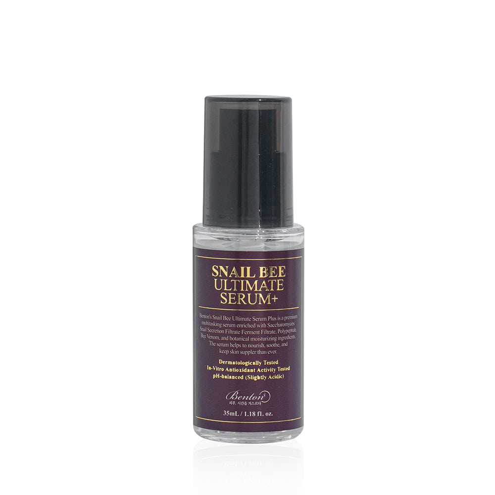ProtoClinical k-beauty Benton Snail Bee Ultimate Serum+ 35ml single upright dark olive serum bottle centered on a pale background with soft cream side shading
