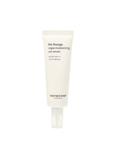 ProtoClinical k-beauty THE FACE SHOP The Therapy Vegan Moisturizing Sun Serum SPF50+ PA++++ 50ml single upright product packaging on a clean light background.
