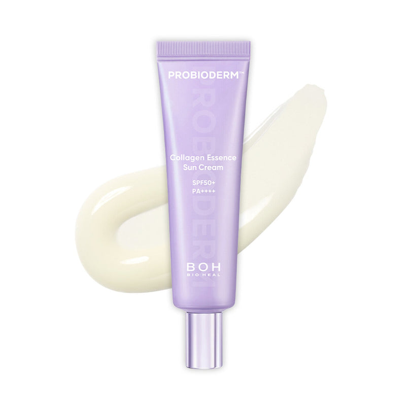 ProtoClinical k-beauty [BIO HEAL BOH] Probioderm Collagen Essence Sun Cream (SPF50+, PA++++) 50ml single upright sunscreen tube centered on a light background.