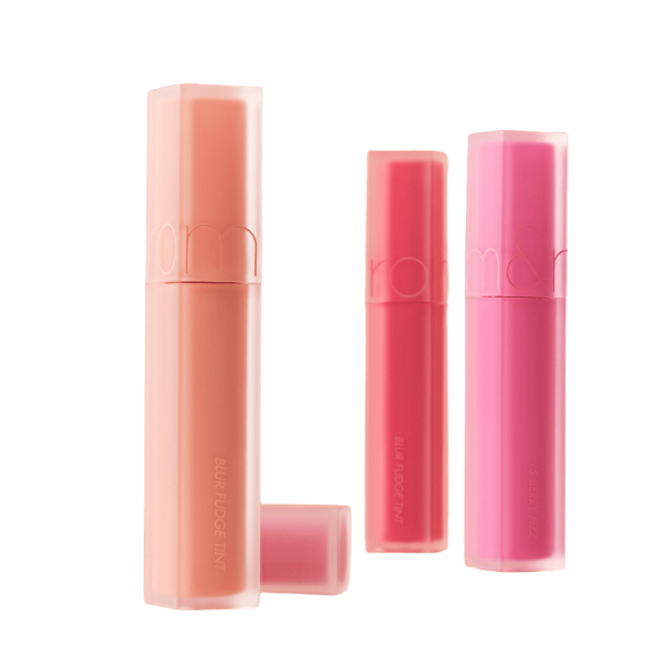 ProtoClinical k-beauty rom&nd Blur Fudge Tint #be OVEEER Shade Series (4 Colors) square shade graphic with mauve tint color, soft swatch layout, and a pale background