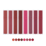 ProtoClinical k-beauty rom&nd Blur Fudge Tint (11 Colors) with multiple rosy lip tint tubes arranged side by side in a horizontal layout on a pale background