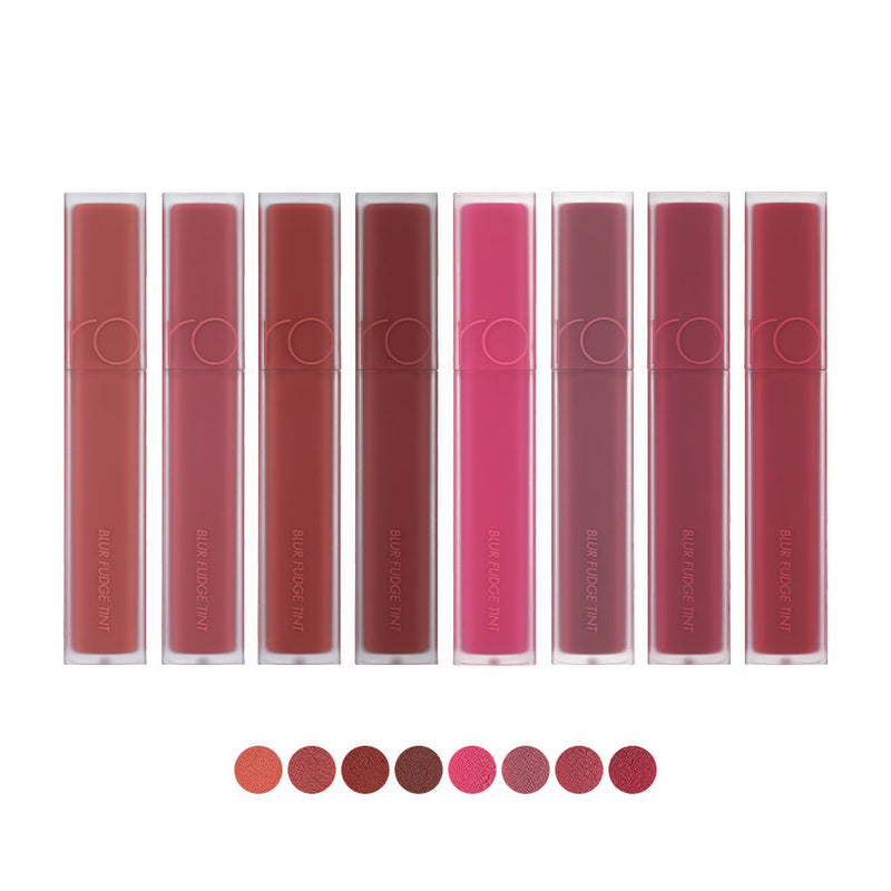 ProtoClinical k-beauty rom&nd Blur Fudge Tint (11 Colors) with multiple rosy lip tint tubes arranged side by side in a horizontal layout on a pale background