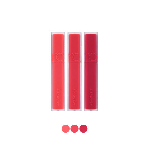 ProtoClinical k-beauty rom&nd Blur Fudge Tint (11 Colors) as a single rose lip tint tube centered upright on a pale background with soft aqua side accents