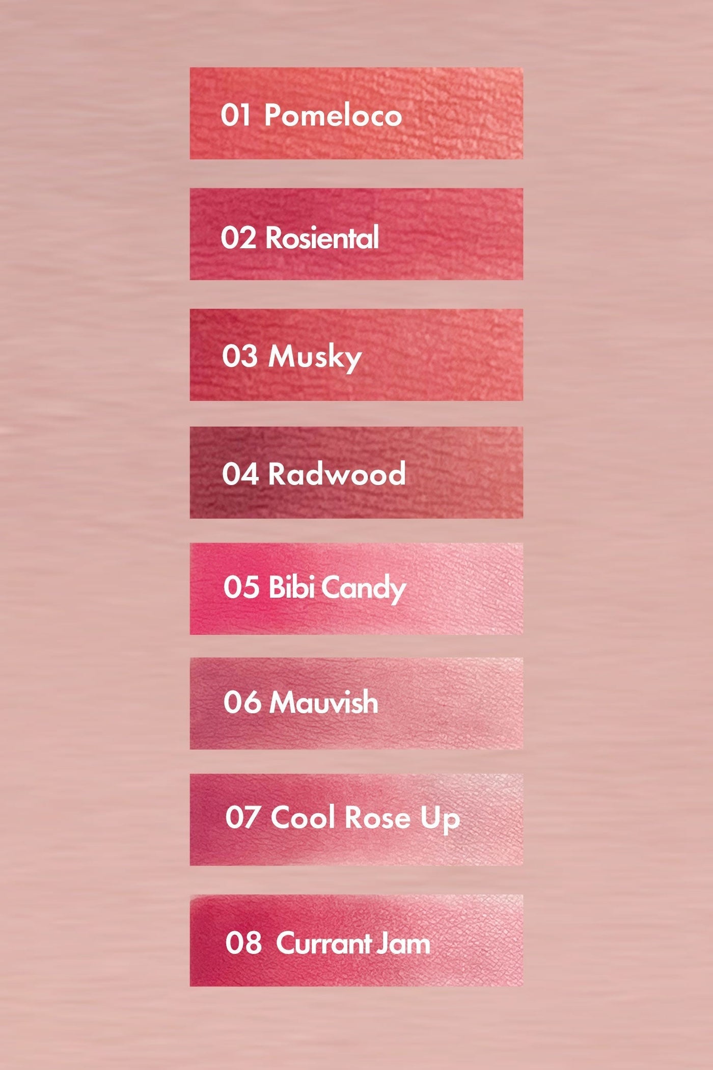 ProtoClinical k-beauty swatch sheet with multiple lip tint shade swatches arranged in a tall vertical layout on a pale background