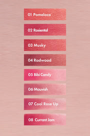 ProtoClinical k-beauty swatch sheet with multiple lip tint shade swatches arranged in a tall vertical layout on a pale background