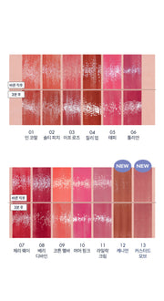 ProtoClinical k-beauty rom&nd Dewyful Water Tint (13 Colors) vertical detail graphic with glossy tint packaging, shade swatches, and a pale layout