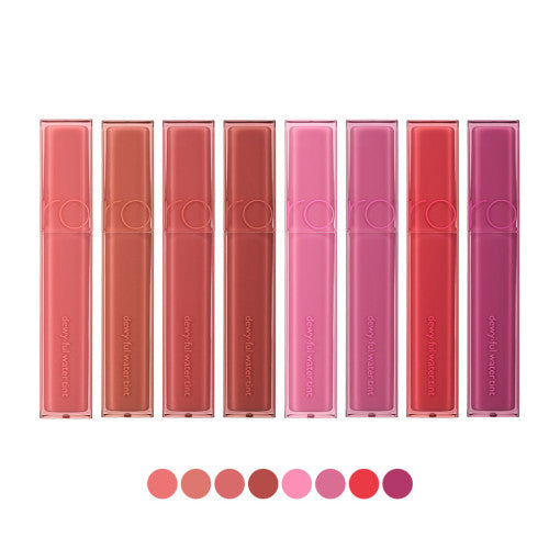 ProtoClinical k-beauty rom&nd Dewyful Water Tint (13 Colors) square studio image with a glossy rose tint tube, pale background, and soft color accents