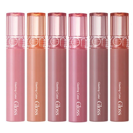 ProtoClinical k-beauty rom&nd Glasting Color Gloss 4g (6 Colors) square studio image with glossy pink tube packaging, a pale background, and soft green accents