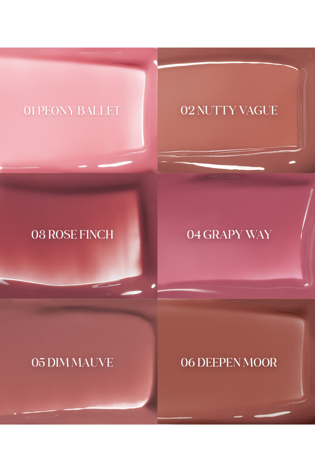 ProtoClinical k-beauty rom&nd Glasting Color Gloss 4g (6 Colors) vertical shade detail graphic with gloss packaging, pink swatches, and a pale layout