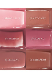 ProtoClinical k-beauty rom&nd Glasting Color Gloss 4g (6 Colors) vertical shade detail graphic with gloss packaging, pink swatches, and a pale layout