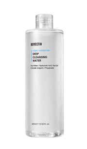 ProtoClinical k-beauty ROVECTIN AQUA DEEP CLEANSING WATER 400ml single upright cleansing water bottle on a light background.
