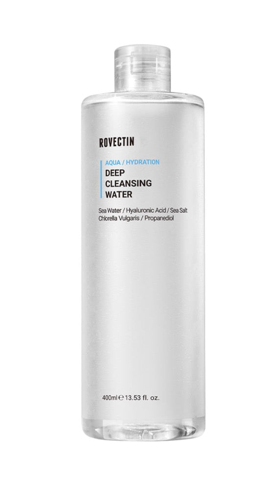 ProtoClinical k-beauty ROVECTIN AQUA DEEP CLEANSING WATER 400ml single upright cleansing water bottle on a light background.