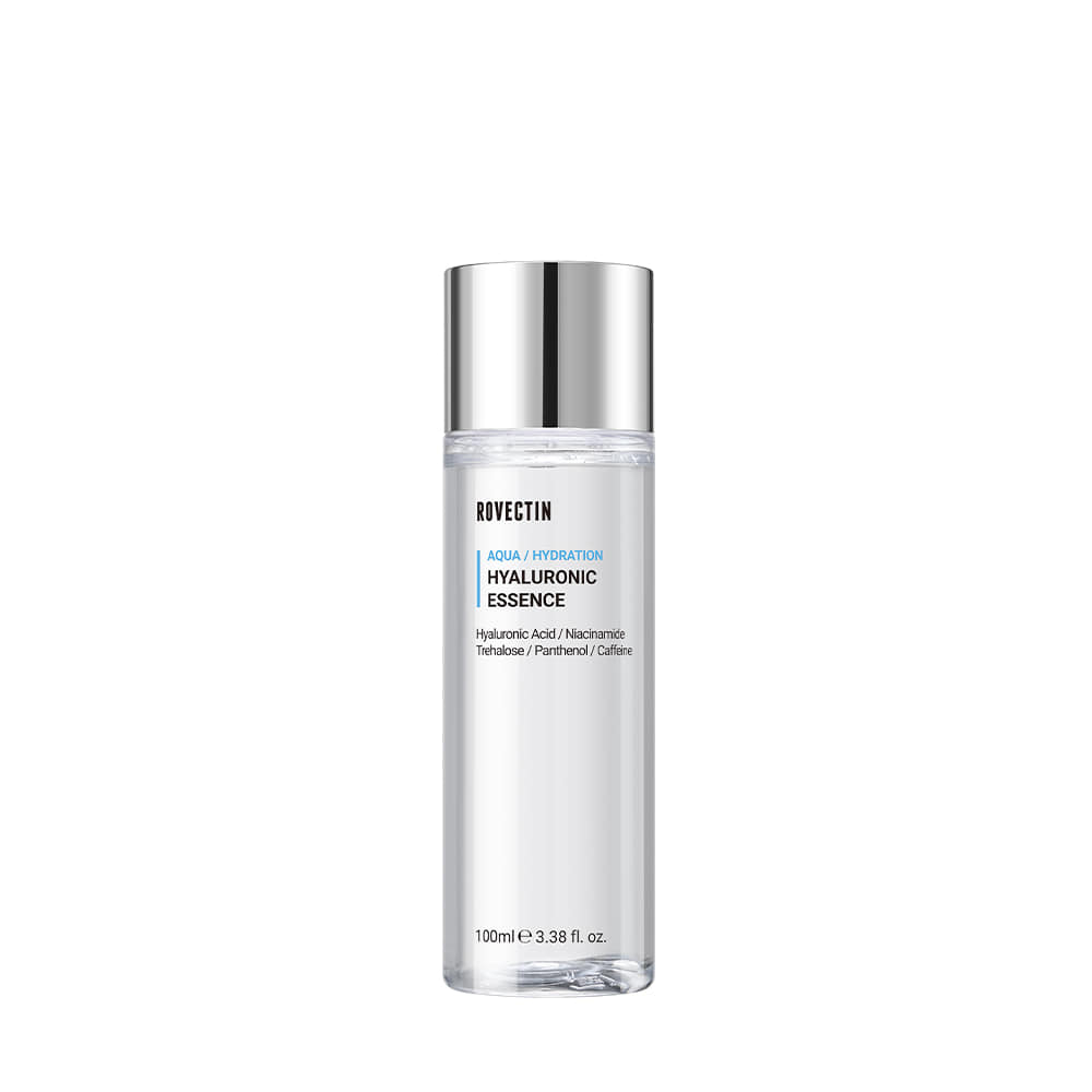 ProtoClinical k-beauty ROVECTIN AQUA HYALURONIC ESSENCE 100ml beauty product silhouette with a pale gray-lavender center on a light background.
