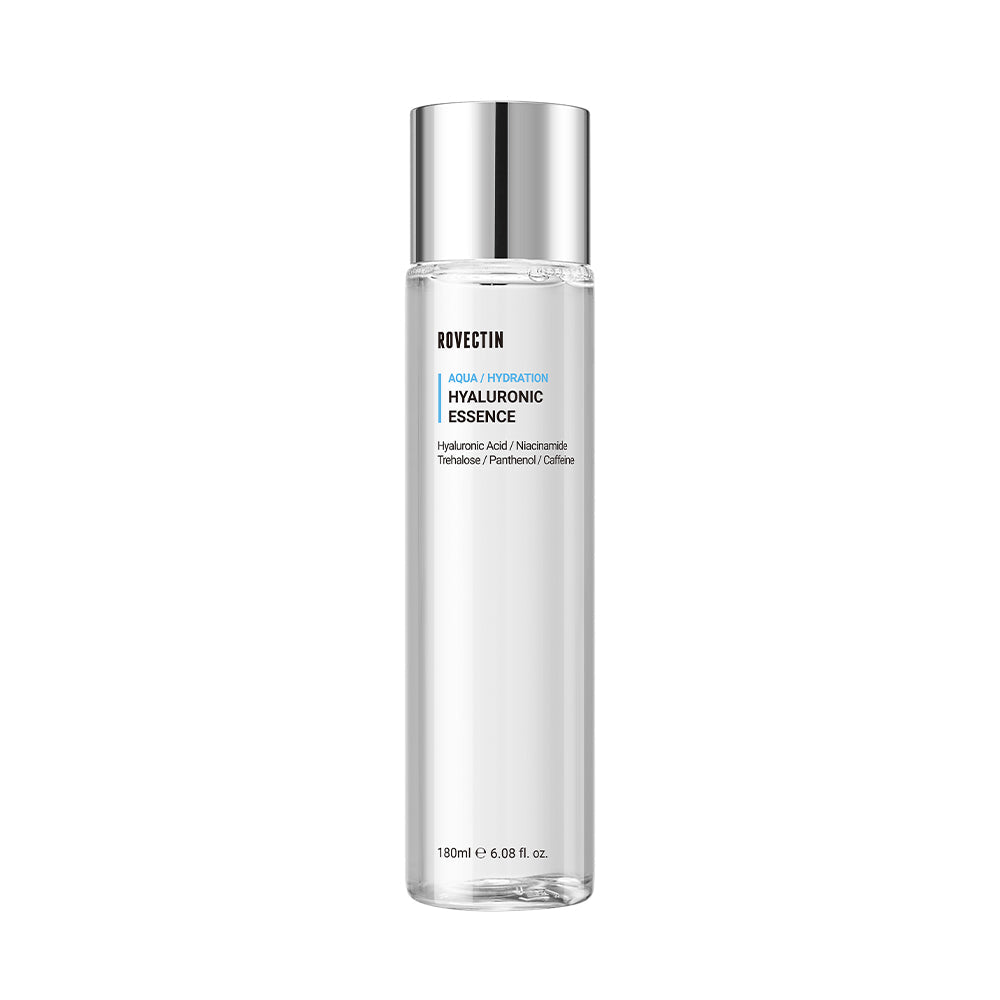 ProtoClinical k-beauty ROVECTIN AQUA HYALURONIC ESSENCE 180ml beauty product silhouette with a pale gray-lavender vertical center on a light background.
