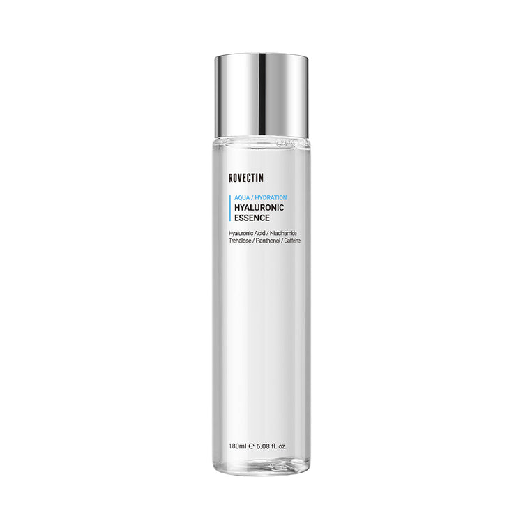 ProtoClinical k-beauty ROVECTIN AQUA HYALURONIC ESSENCE 180ml beauty product silhouette with a pale gray-lavender vertical center on a light background.