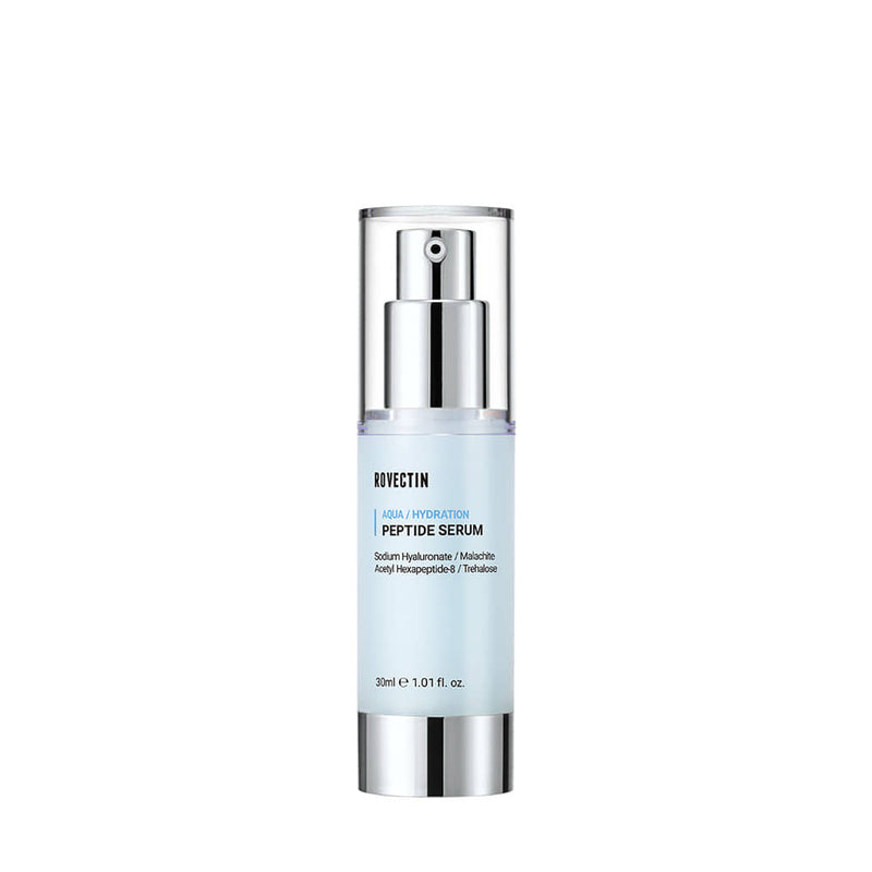 ProtoClinical k-beauty ROVECTIN AQUA PEPTIDE SERUM 30ml beauty product silhouette with a pale gray vertical center on a light background.