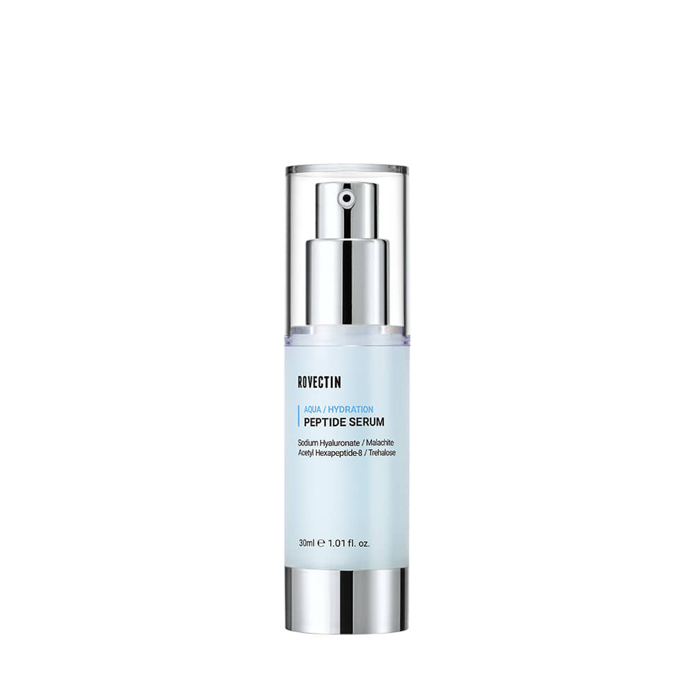 ProtoClinical k-beauty ROVECTIN AQUA PEPTIDE SERUM 30ml beauty product silhouette with a pale gray vertical center on a light background.