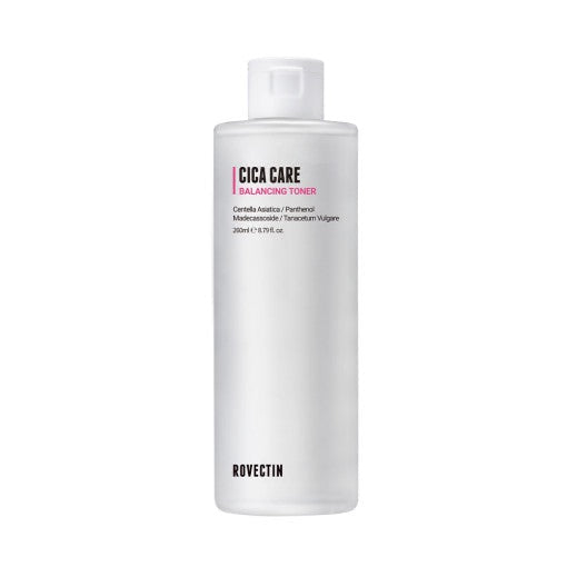 ProtoClinical k-beauty ROVECTIN CICA CARE BALANCING TONER 260ml beauty product silhouette with a soft taupe-lavender vertical center on a light background.
